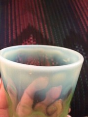 Opalescent Vaseline Glass Polka Dot Tumbler 1880s victorian 3-7/8″ tall Vintage