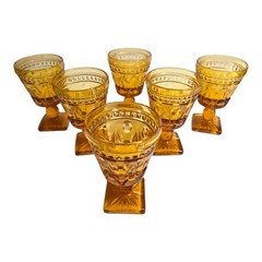 MCM Indiana Colony Glass PARK LANE Amber Square Foot 4.5″ Wine Glasses Set of 6