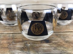 5 Vintage Mid Century Barware Roly Poly Black & 22K Gold Coin Shot Glasses MCM