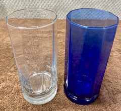 Vintage Anchor Hocking Faceted Octagon Glass Tumblers, 1 Clear, 1 Kobalt Blue