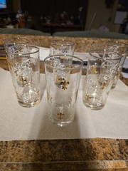 Vintage MCM White Acanthus Leaf Gold Fleur-de-lis (6) Highball Glasses 10 Fl.oz.