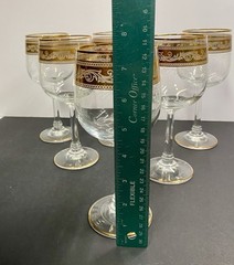 Set Of 6 Vtg Stolzle Crystal Wine Goblet Gold Trim Band White Scroll Stemware