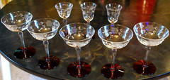 Vtg Set 8 OPTIC WESTON 5 Champagne & 3 Wine RUBY RED FOOT/ CUT FLOWER GLASSES