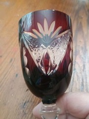 Vintage Bohemian Ruby Cut To Clear Crystal Sherry Glass Red 51/2″ Tall 3.6 oz