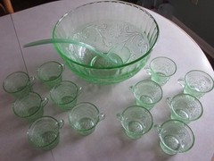 Vintage Tiara Chantilly Green Glass Punch Bowl with 12 Glasses