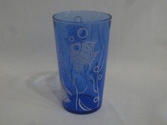 HAZEL ATLAS ANGEL FISH RITZ BLUE COCKTAIL SHAKER & 6 TUMBLERS