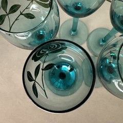 Vintage Teal Bohemian Decanter Set Gold Rose Flower Wine Decanter & 5 Glasses