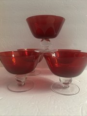 5 Vintage Cobalt Red -Clear Ball -Stem Bell Shape Hand Blown Glasses/Goblets