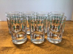 7 vtg retro mid century 3.5” juice glasses green black gold leaf motif