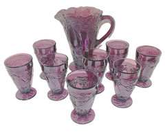 Vtg Tiara Indiana Glass SWEET PEAR Avocado Amethyst Pitcher & 8 Tumbler Glasses