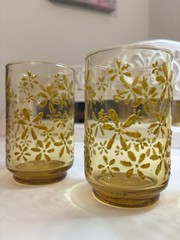 VTG 60s Libbey Amber Glasses Gold Bouquet 5 Oz Juice Embossed Flower Set of 3