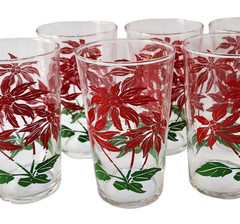 Vintage MCM Xmas Glasses Poinsettia Red & Green Glass Tumblers Set of 6 Barware