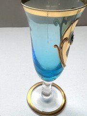 3 Vintage Turquoise Tre Fuochi Murano Cordial Glasses Gold Gilt ( 1 Has Crack)
