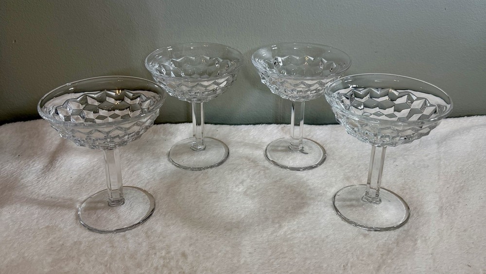 VTG Fostoria American CHAMPAGNE Glasses, Set of 4, Cube Design USA 4.5”.