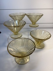 Set of 5 Federal Glass, Madrid pattern, amber cone sherbet dish, Parrot Sylvan