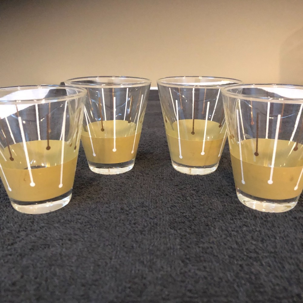 4 Vintage MCM Shot Glasses Olive Green/Gold/White Stripe Retro BARWARE