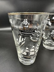 set of 2 MCM sailing ships with gold detail barware tumbler glasses