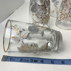 Libbey Glass Vintage Mid Century Gold / White Rose Bouquet Gold Trim 8 Tumblers