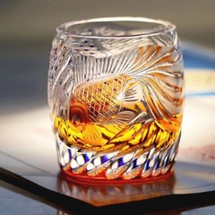 Hand Cut Gold Fish Pattern Rock Tumbler Whiskey Crystal Glass Tumbler Red Blue