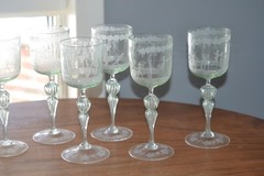 6 Vintage Murano Hand Blown Hand Etched Wine Glasses Mint Green 1950’s Cherubs