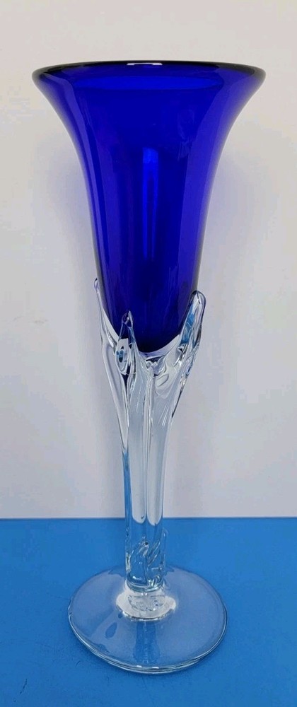 One Off Hand Blown And Signed Cobalt Blue 10-3/8” Champagne Flute