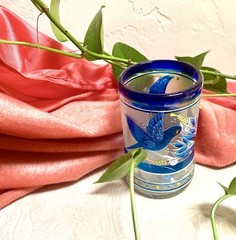 6 Handcrafted FROSTED Mexican TUMBLERS Cobalt /BIRDS/ Pontil EUC
