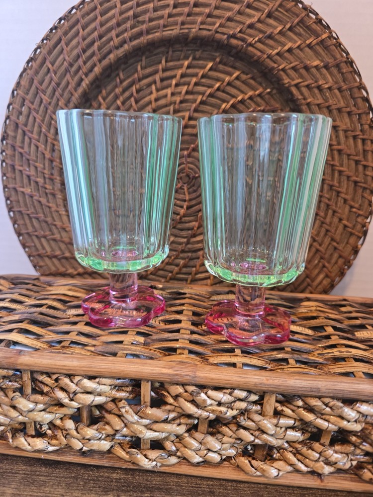 Set of 2 Decorative Green and Pink Footed Glass Tumblers