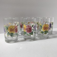 Corelle «Summer Blush» juice glasses floral pattern yellow, pink, purple pansies