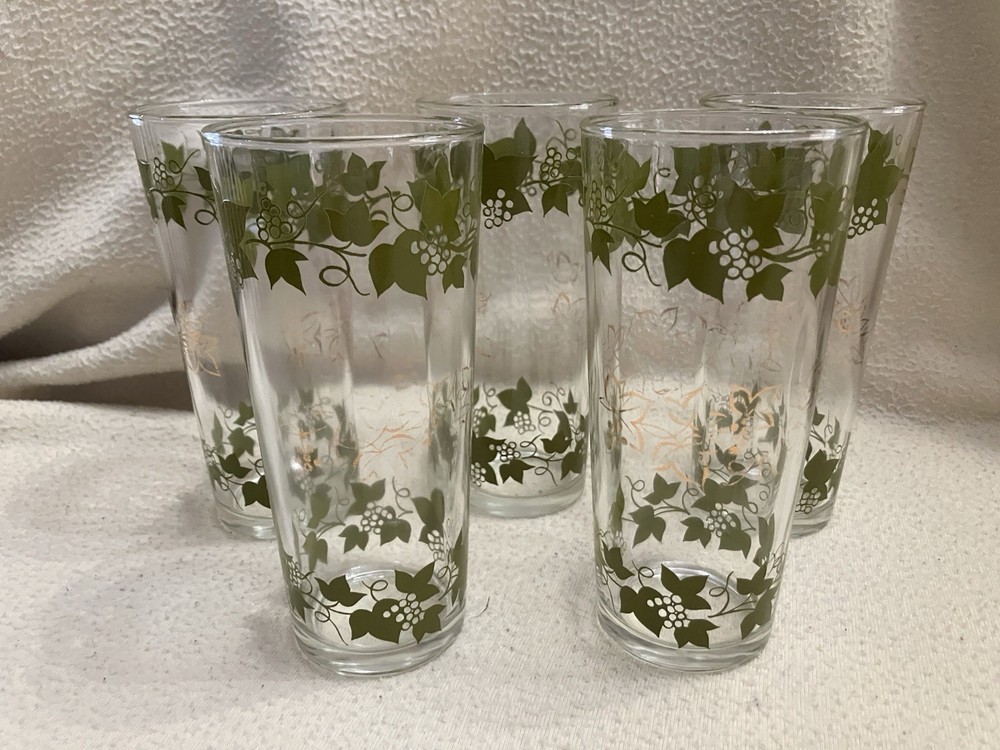MCM Set of 5 Grapevine Highball Glasses – Olive & Gold – Libbey Style, 1950s