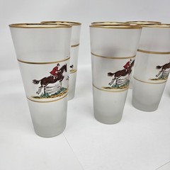 Set 7 Frosted Highball Glasses Horse Jockey Hunt Scene Gold Rim Vintage