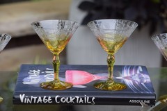 Vintage Etched Yellow Cocktail ~ Martini Glasses, 1930’s, Rare Yellow and Clear