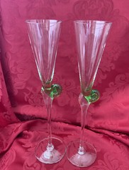 FLAWLESS Unique MURANO Art Glass Green Pair SNAIL Crystal CHAMPAGNE WINE FLUTES