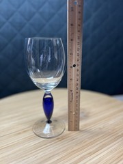 6 Hand Blown Clear Controlled Bubble Red Wine Goblets With Cobalt Blue Stems 8oz