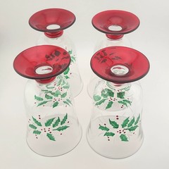 Set 4 Vintage GORHAM Red Footed Festive Holly Goblets All Purpose Water Glasses