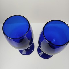 2 Cobalt Blue Wine Glasses 7.25” 8 oz Handmade Pontil Dark
