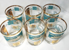 Steamboat Southern Comfort Double Old Fashion 22 Karat Gold an Aqua Set of 6