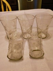 5 W J Hughes Cornflower Hand Made Crystal W/ Wheel Cut Etching 10oz. Glasses