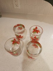 Set of 4 Poinsettia Low Ball Glasses by Mary Lou Goertzen, 8 ounce, Portugal