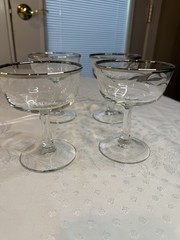 3 Vintage Silver Rim Leaf Etched Champagne Glasses France