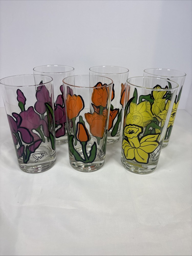 Vintage MCM Lot Of 6 Federal Glassware Floral Flower Drinking Glasses