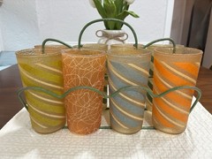 MCM Candy Stripe Frosted Texture Multicolor Tumbler Glasses w/ Caddy – Barware