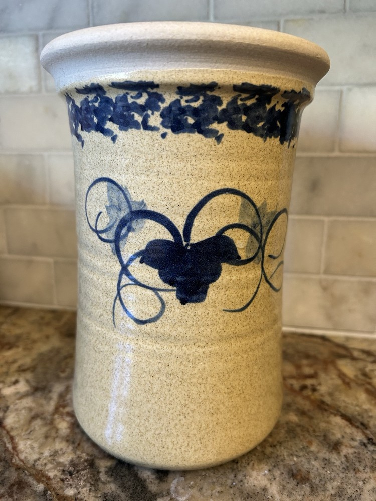 8″ USA Pottery Stoneware Crock Wine Chiller~5.5″ opening~Oatmeal glaze w/ blue
