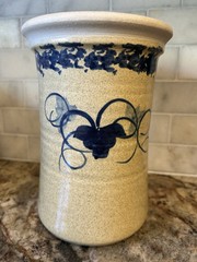 8″ USA Pottery Stoneware Crock Wine Chiller~5.5″ opening~Oatmeal glaze w/ blue