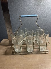 Vintage 6 Glass Juice Tea Tumbler Set w Wire Carrier Mid Century