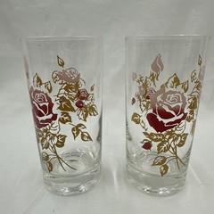 Vtg Pink Rose Highball Iced Tea Glasses Collins Set of 2 Floral Barware Roses