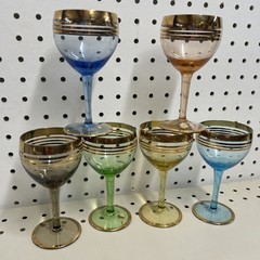 Romanian Gold Trim Mcm Blue Green Gold Bohemian Wine VTG Set 6 Glasses