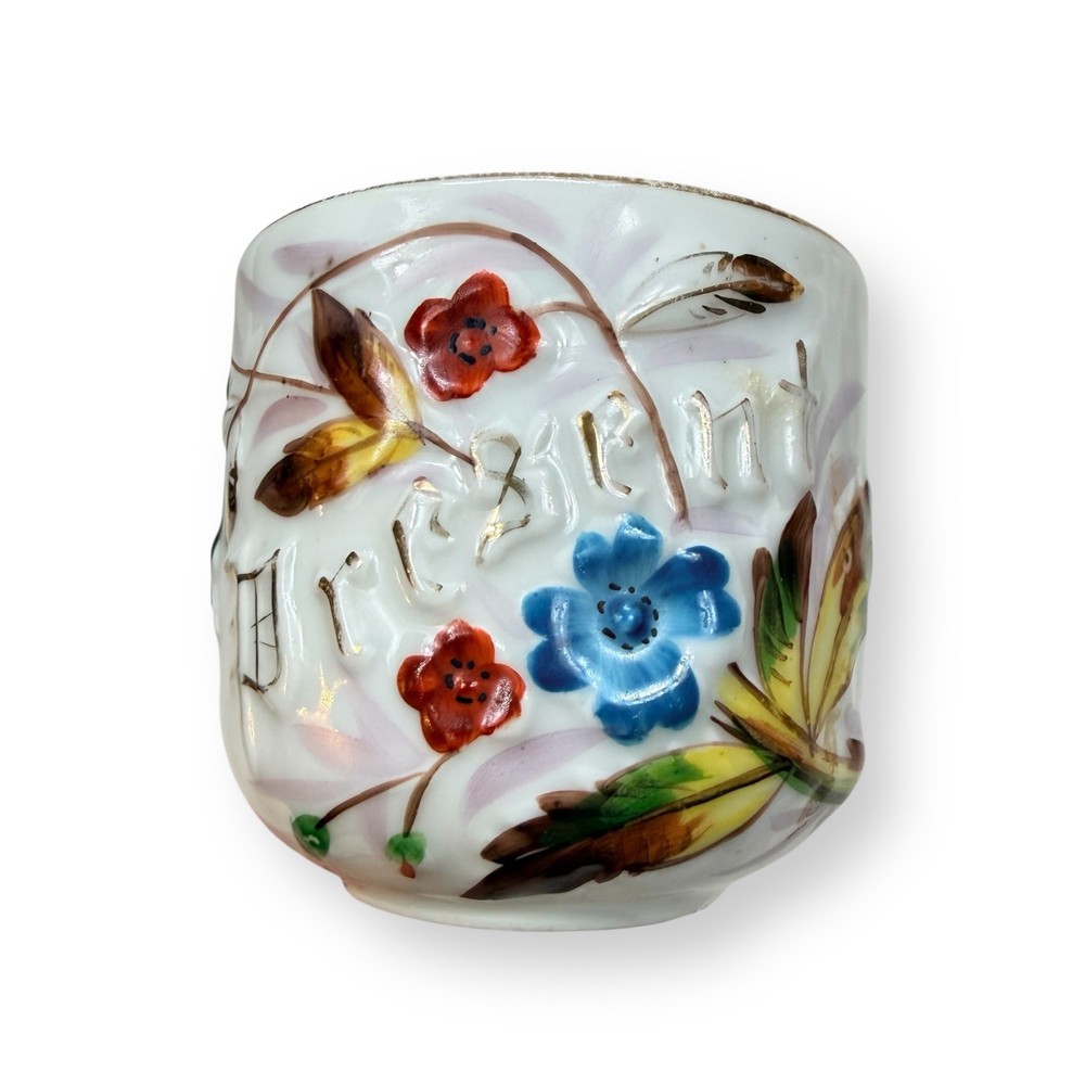 Antique Victorian Porcelain Cup “Present” Raised Lettering Hand Painted Floral