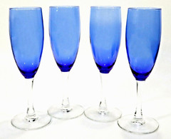 Vintage Set of 4 Champagne Flute Glasses Cobalt Blue Bowl Clear Stem
