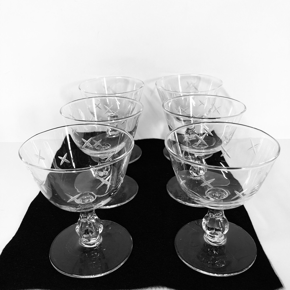 Libbey Glass Company Stardust Champagne Sherbet Glasses Gray Cutting 3003 Set 6