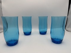 Vintage Anchor Hocking Flair Laser Blue Flat Tumblers MCM Glasses Set of 4
